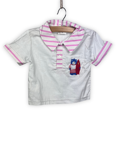 Wit hemdje met roze streepjes en beer maat 74