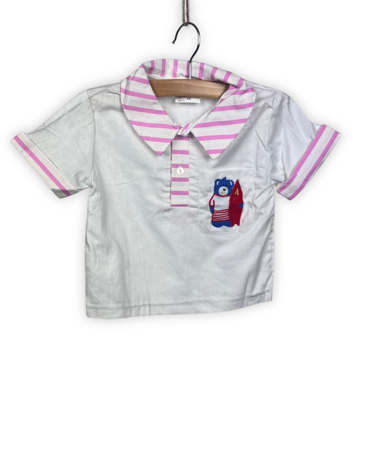 Wit hemdje met roze streepjes en beer maat 74