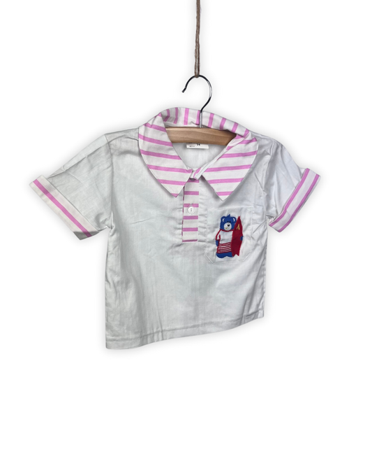 Wit hemdje met roze streepjes en beer maat 74