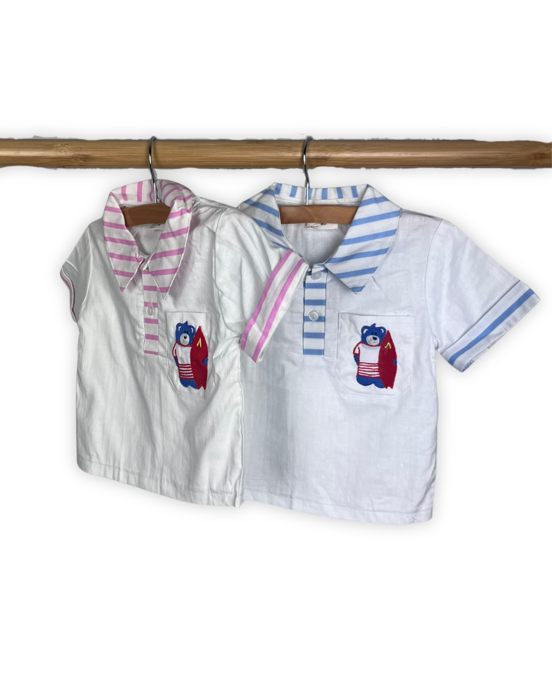 Wit hemdje met roze streepjes en beer maat 74