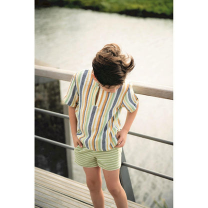 Stretch badstof gestreept geel wit